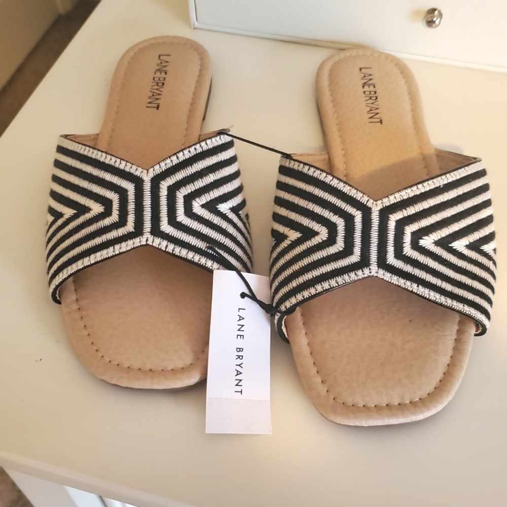 Lane Bryant Slide In Sandals - Tan & White - Size 10 Wide